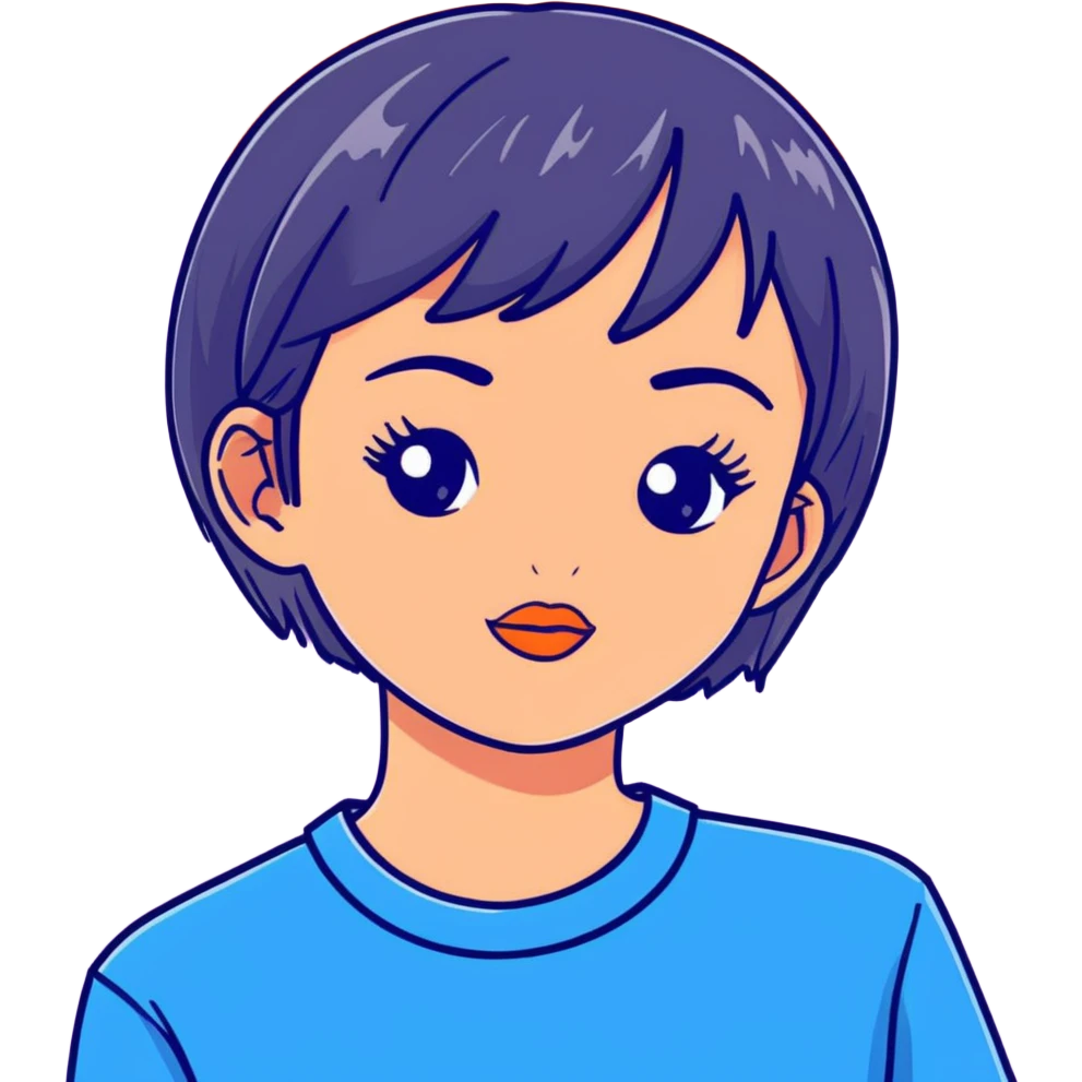 profile picture of a 22-year-old girl with short hair, cool tone makeup, blue shirt emoji