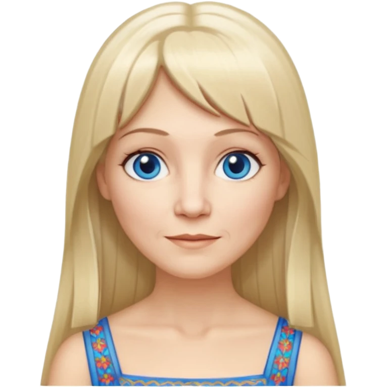 50 yr old white woman, hippie parted very long hair, short bangs, very long straight blond hair, oval face, small smile, blue eyes, thin face, hair downback, hair parted at center of head, round cheeks, pale, longer hair, white evening dress emoji