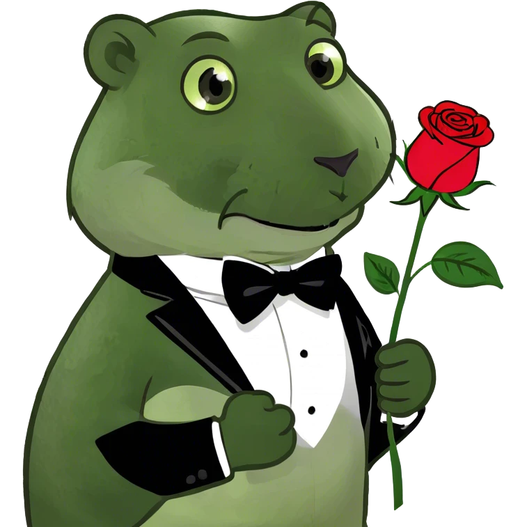 A beaver dressed in a tuxedo is holding a rose in its paws. emoji