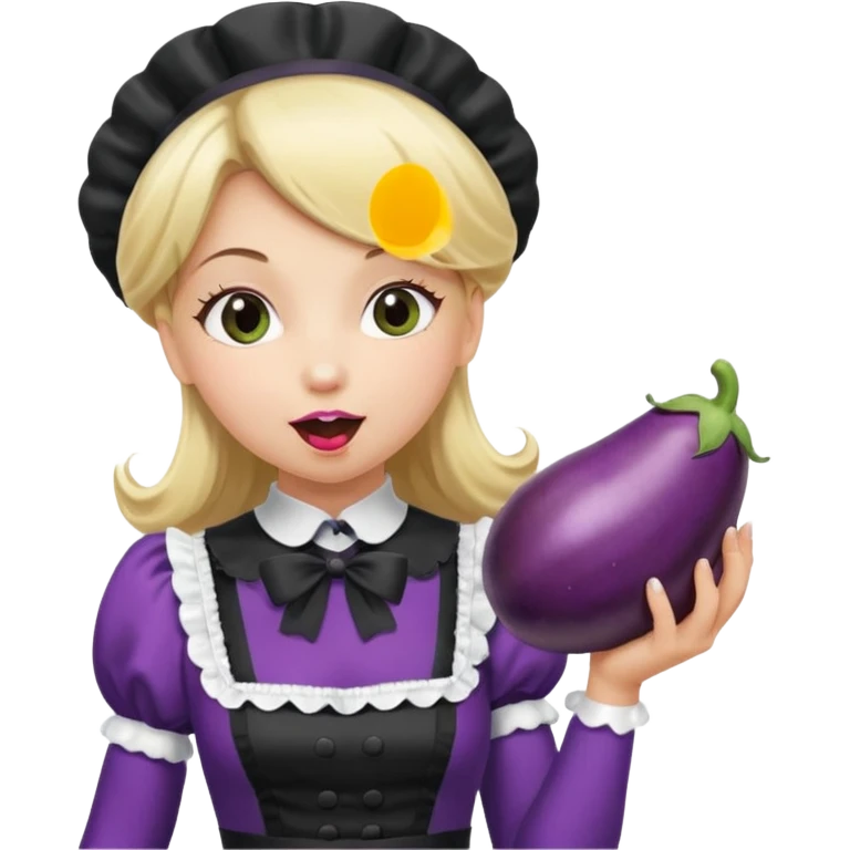 A women with blond hair in a black and white maid dress, licking an eggplant emoji