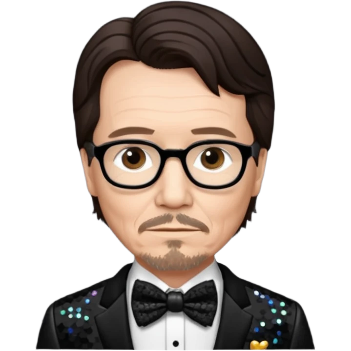 Gary Oldman with dark brown hair hair, black sequin suit with bow tie emoji