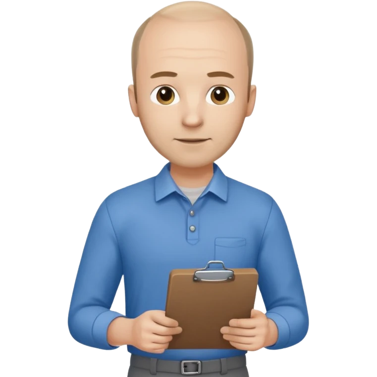man mid 30's shirt and trousers balding hairline standing holding a clipboard emoji