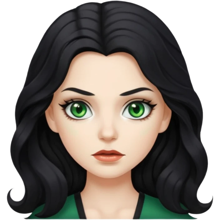 Mean looking white girl with long, wavy black hair, green eyes, and wearing makeup. emoji