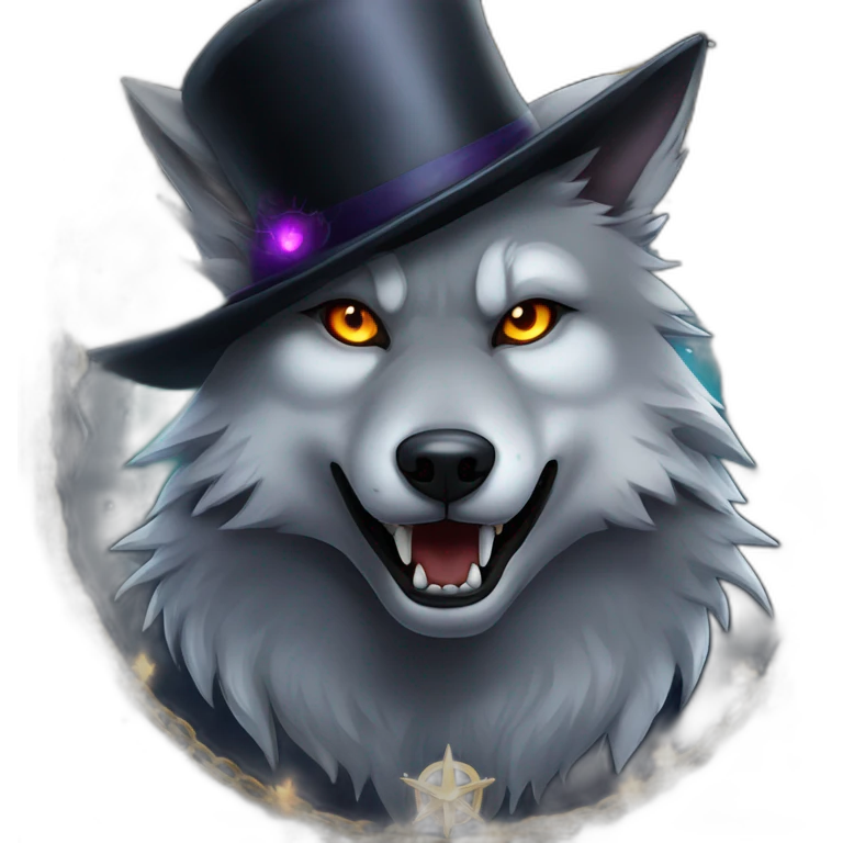 demonic wolf with a pentagram top hat and a pentagram chain with a haunting night background emoji