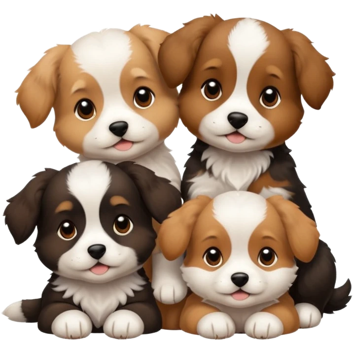 three puppies together, one on top and two on bottom, all different breeds, cute emoji