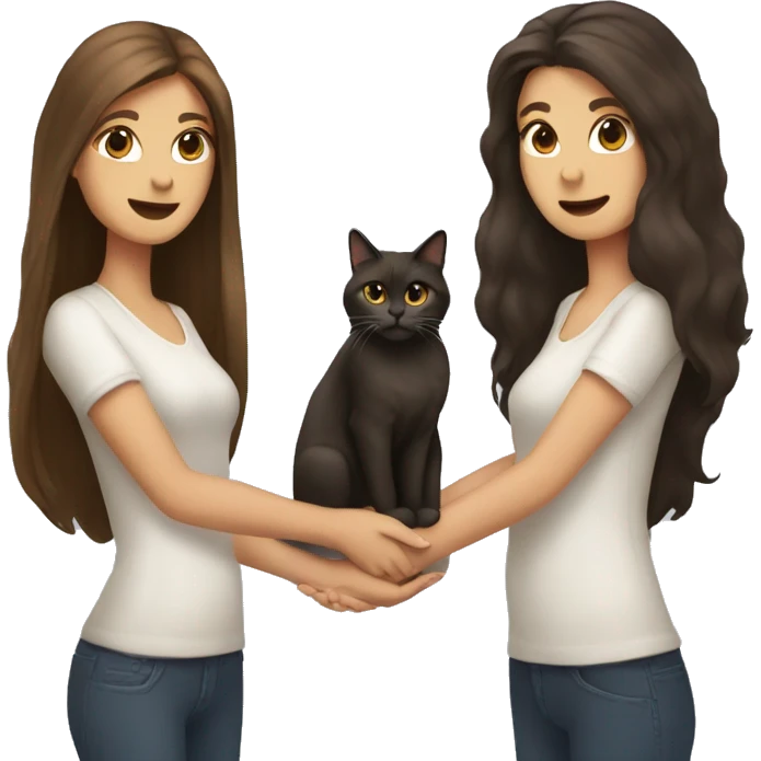 Two long hair brunettes and cats in their hands emoji