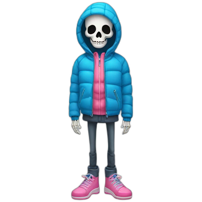 skeleton friendly in a blue winter jacket with pink shoes and NOT Wearing his hood! emoji