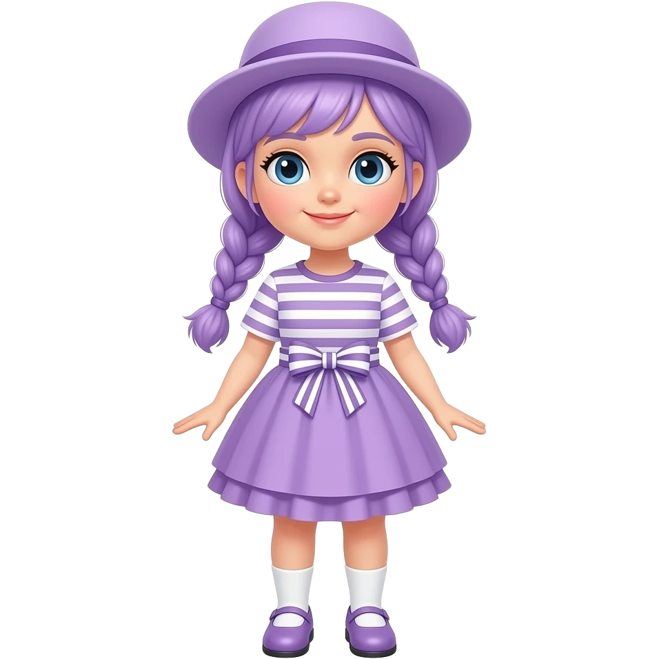 A girl with pale purple hair tied in braids and blue eyes, wearing a pale purple dress with white striped short sleeves and skirt, a pale purple frill, and a pale purple and white striped waist bow, pale purple shoes with white socks, and a pale purple hat. emoji