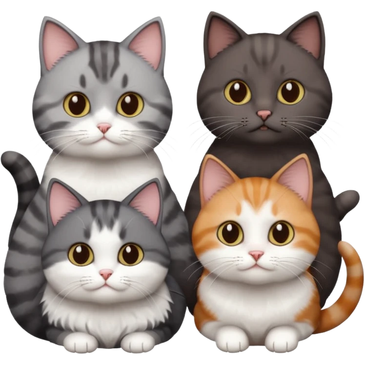 4 different coloured short haired cats including; a dark brown and white cat, and a dark grey and white  emoji