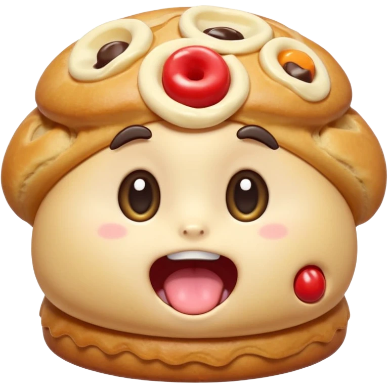 Funny cartoon mini  chochklet pastry, slightly messy and squished, big round eyes, wide open mouth, playful surprised expression, text above: "ПАСТИЧКА", chibi style, Twitch emoji style, transparent background, colorful

 emoji