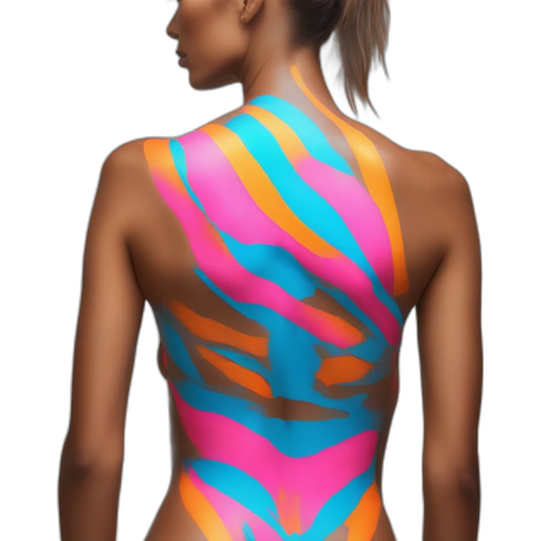 Sexy Neon sign shows fitness model in striped body paint from behind emoji