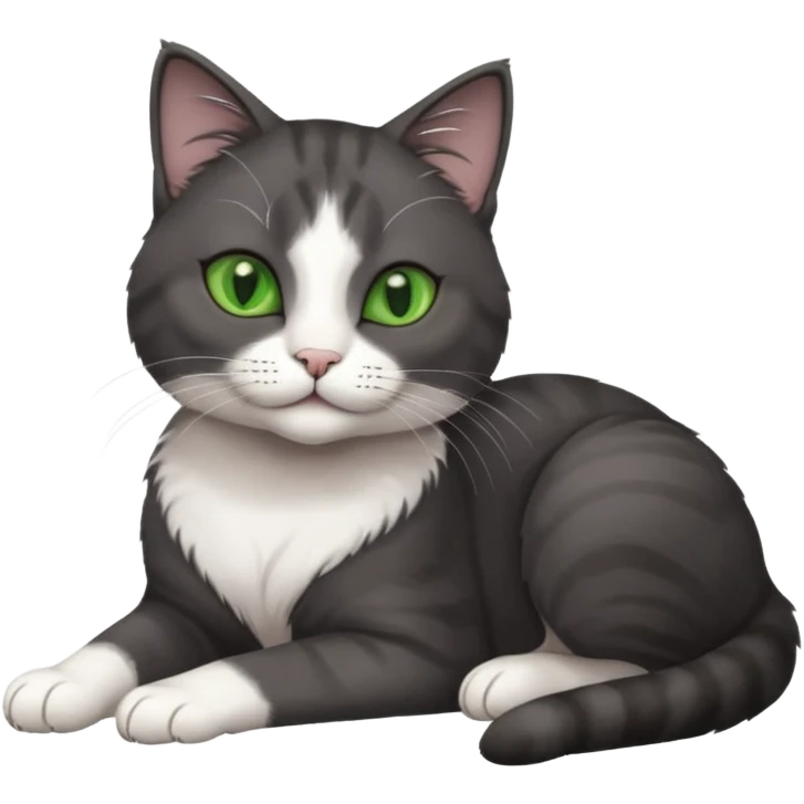 beautiful female solid dark grey cat with green eyes, white toes/paws and white patch on her chest lying down emoji