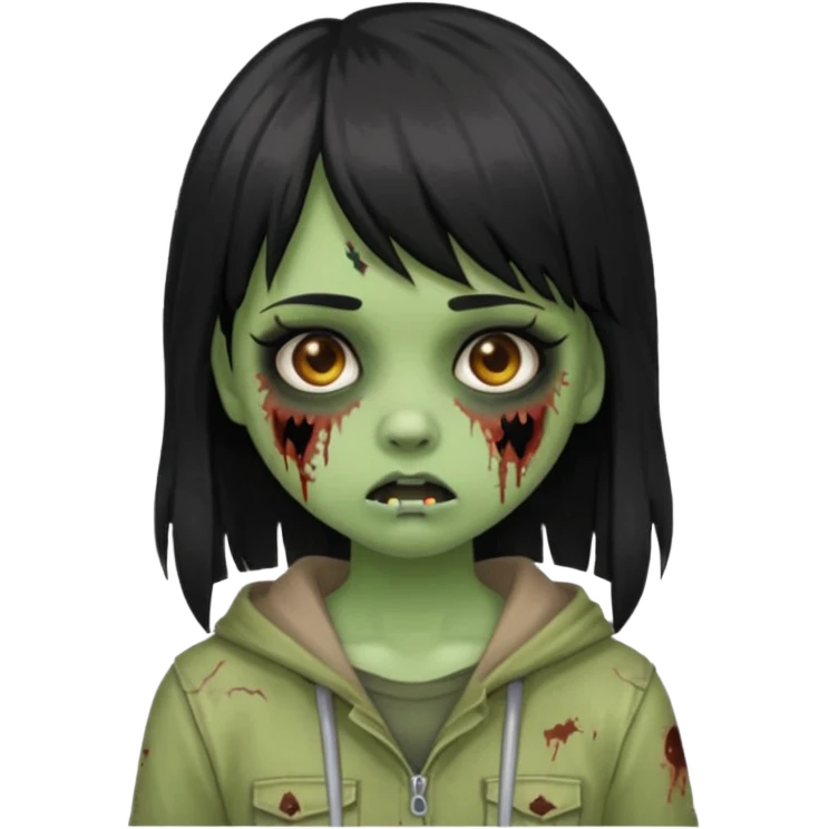 Girl with black hair and raccoon blonde streaks, bangs, light skin, zombie version, pale green skin, emoji style. emoji
