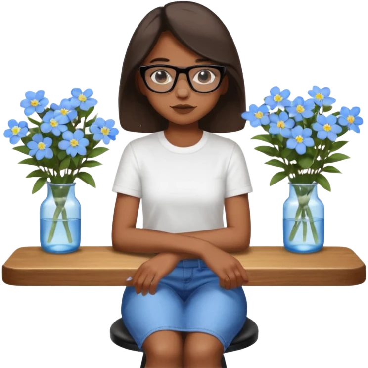 Créame una chica morena de pelo más o menos por los hombros con granitos en la cara y unas gafas negras, que esté sentado en una silla de bar con una camisa blanca con florecitas azules emoji