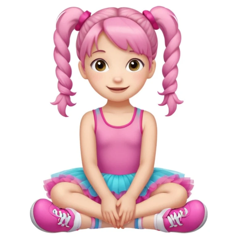 A cute young girl with pigtails sits on the floor, wearing a pink tutu dress and colorful sneakers. She has large, expressive eyes and a cheerful smile, resting her chin on her hands. The background is a soft, neutral color that enhances her playful demeanor. emoji