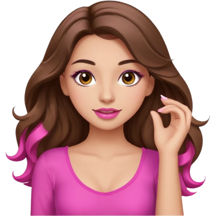 girl with long wavy brown hair, brown eyes, long lashes makeup, sexy pink lips, light to medium complexion, pink sexy top, dancing emoji