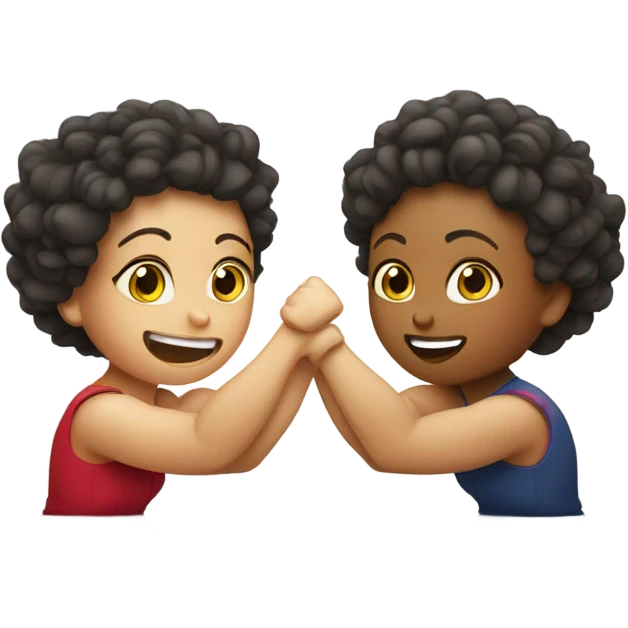 Two girls arm wrestling. One with curly hair and one with a shaved head  emoji