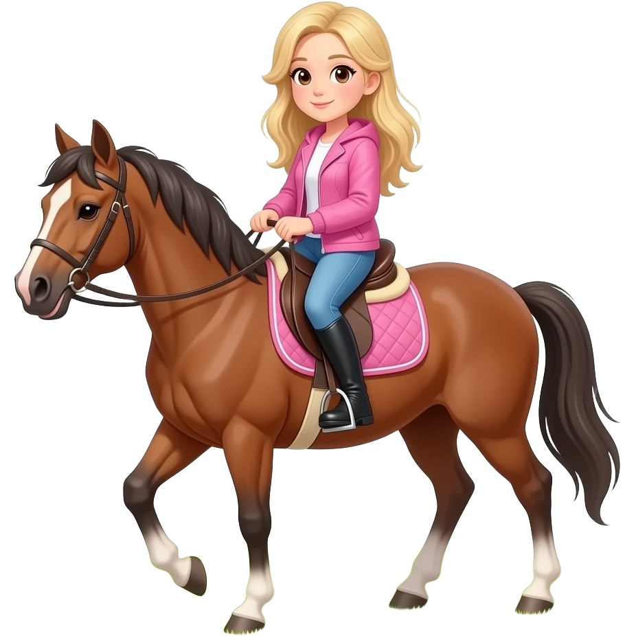 a blond girl with brown eyes, wearing a pink jacket, riding a horse emoji