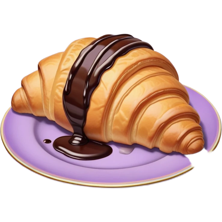 There's a croissant with chocolate syrup in a vintage pale purple plate. emoji
