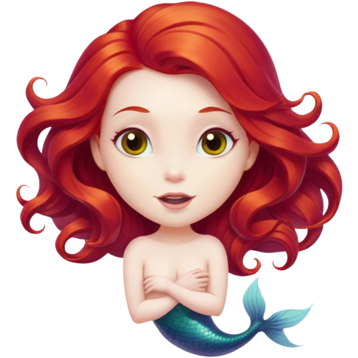 Cinematic Realistic Red Hair Mermaid Portrait, head tilted playfully and inquisitively, showcasing an ethereal form with finely detailed, flowing red hair against luminous porcelain skin. Her bright, curious eyes sparkle like hidden gems beneath the gentle caress of underwater light, rendered with lifelike clarity and warm, filtered illumination—capturing the essence of a spirited mermaid ready to splash playfully into your imagination. emoji