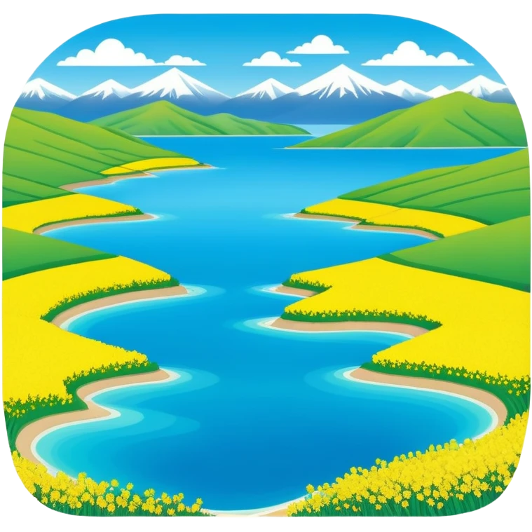 Qinghai Lake spring scenery with rapeseed flowers and blue water, simplified emoji style with bold outlines and bright colors, cartoon style vast lake with mountains emoji