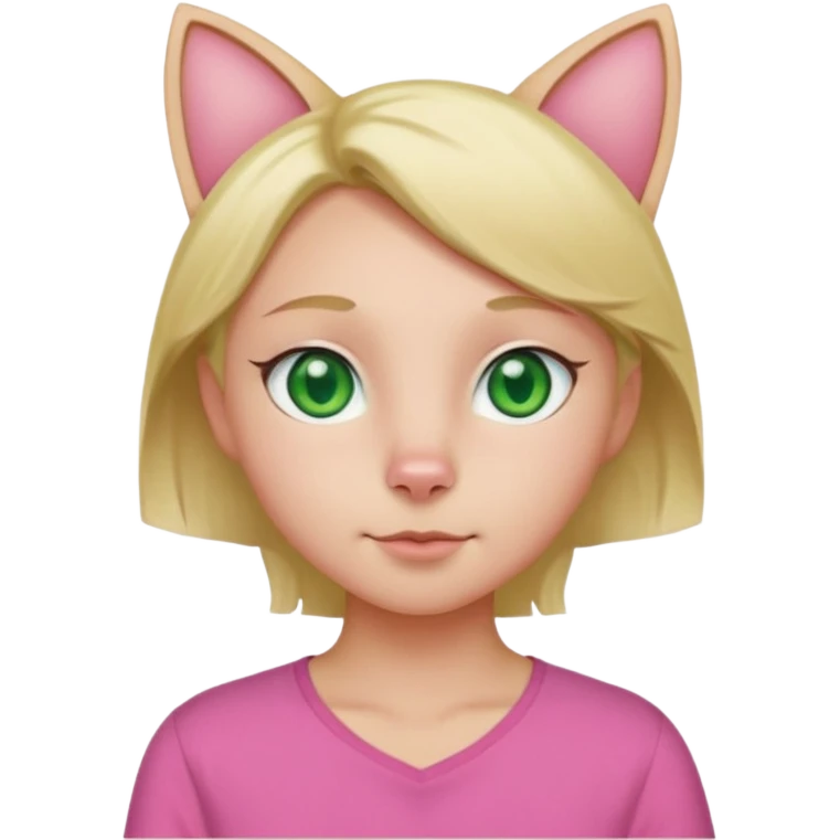 Squareded Ears Pink Skin Green Eyes Cat Shaped Pupils Heart Shaped Forehead Blonde Haired Pink Shirt  emoji