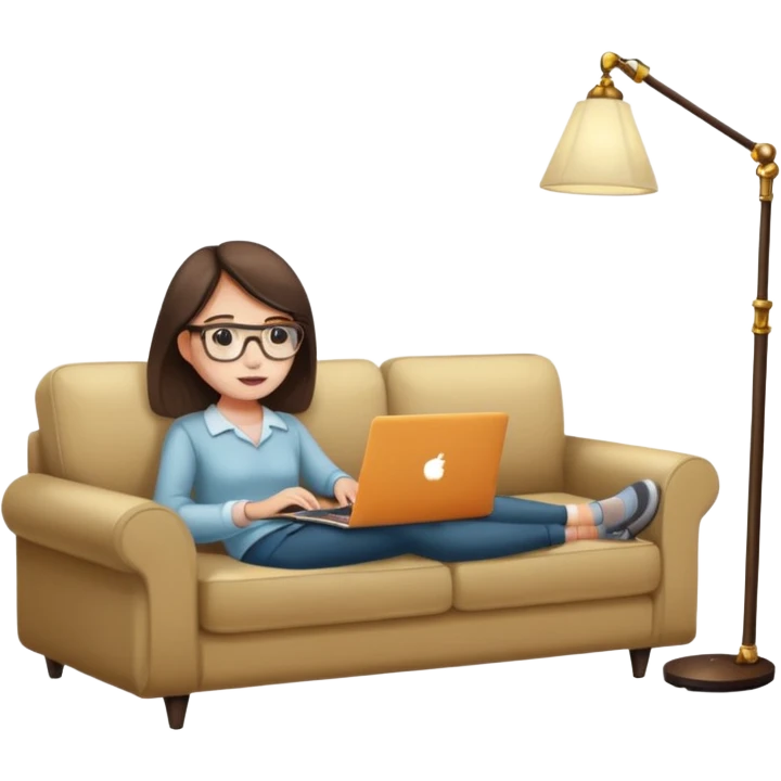 A girl is working with a laptop while lying on a sofa, with a floor lamp to the right. emoji
