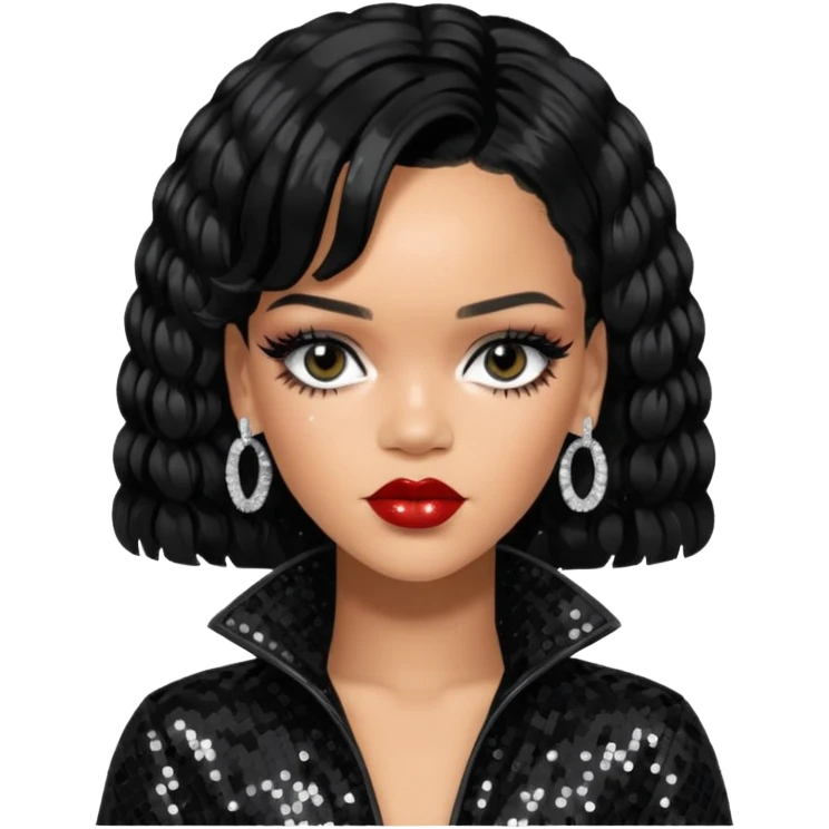 Rihanna with jet black hair, black sequin outfit emoji