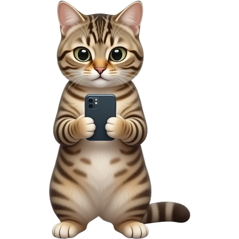 Glossy 3D rendered realistic cat standing upright on two legs, detailed fur and features, front-facing, head tilted down looking at a smartphone, soft shading, white background emoji