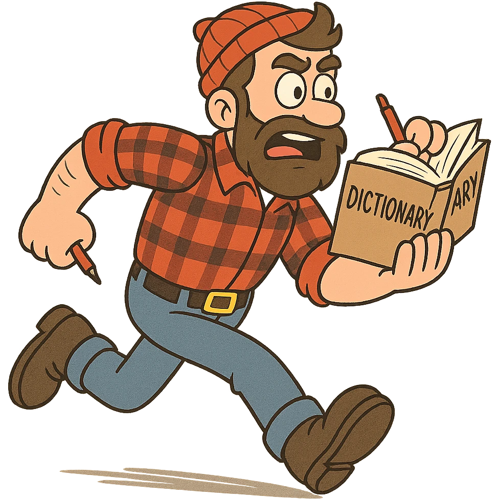 expressive and funny cartoon of a lumberjack running, holding an open dictionary in one hand and a red pen between fingers emoji