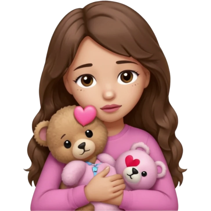 girl with long wavy brown hair, brown eyes, light to medium complexion, in a pink shirt, pink lips, long lashes, sad, hugging squeezing a teddy bear with a broken heart band aid emoji