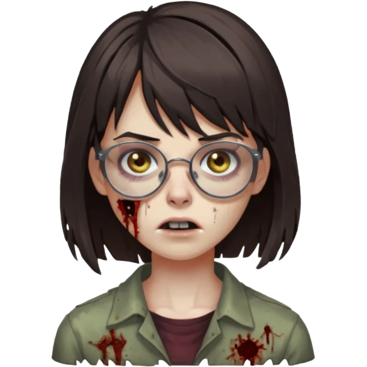 The basic iPhone emoji is a zombie girl with dark brown hair long below her shoulders bangs and a ragged haircut gray eyes glasses emoji