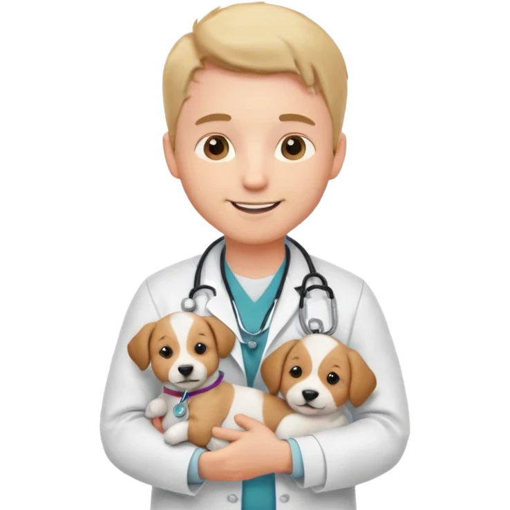 Young male vet – white coat, stethoscope, holding puppy. emoji