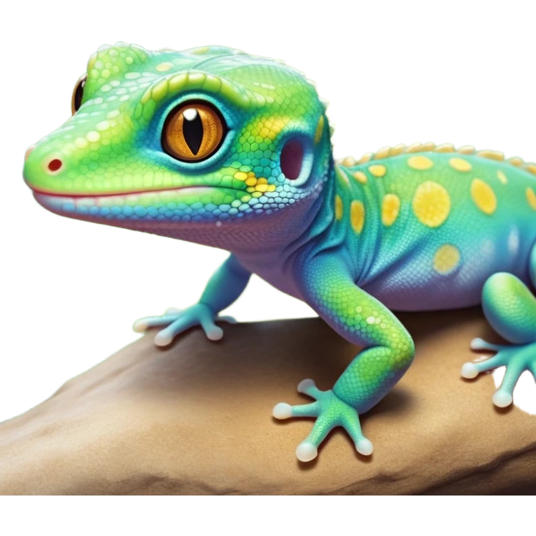 cinematic-cute-realistic gecko-portrait-emoji,-head-tilted-playfully-and-inquisitively,-featuring-a-small,-charming-body-with-smooth,-vividly-patterned-scales,-bright,-sparkling-eyes-and-delicate,-sticky-toe-pads,-simplified-yet-irresistibly-adorable emoji