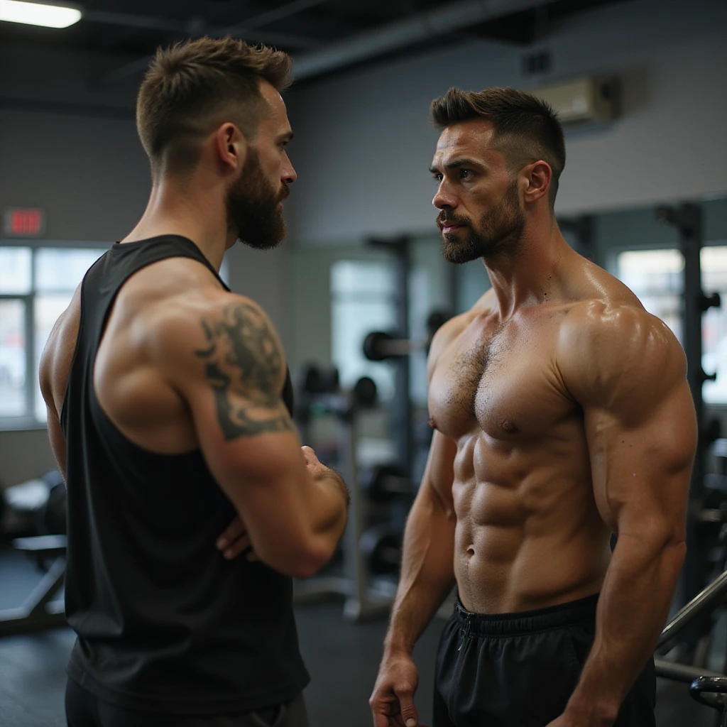hyperrealistic 4K scene of bodybuilding coach giving advice to a client in a gym, both in sportswear, serious and focused expressions, realistic details, visible gym equipment emoji
