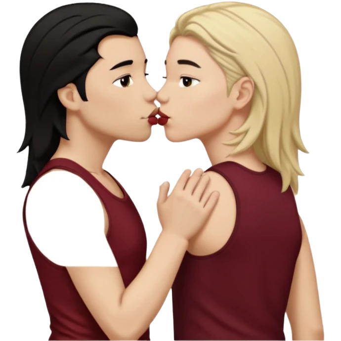 a white masculine woman with short mullet tomboy black hair wearing men's black tank top kissing a lightskin woman with long dark blonde hair wearing maroon tank top emoji