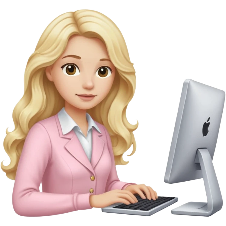 Blonde long wavy hair lady working in a computer with light pink clothes  emoji