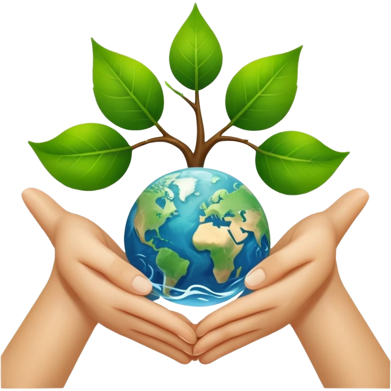 An icon featuring a green leaf, Earth held in hands, and a recycling symbol, symbolizing ecology. The design includes trees, clean water, and animals, representing environmental protection, sustainability, and ecosystems. Transparent background highlights the science of nature and conservation. emoji