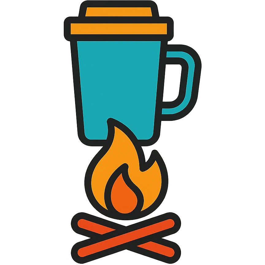 travel mug on a fire, color outline icon style, black outlines emoji