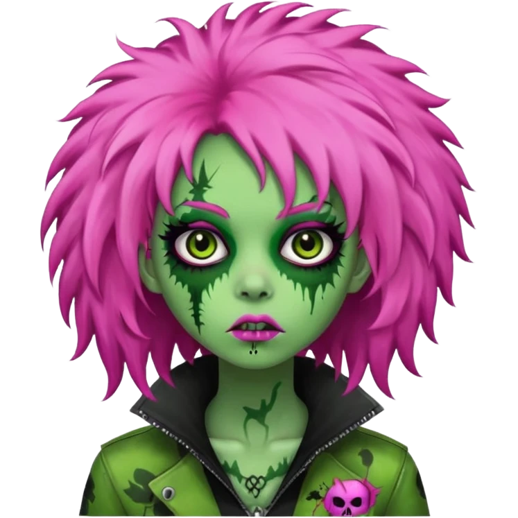 girl, green zombie,pink afro, long, emo, shaggy, dark, spooky,creepy expression emoji