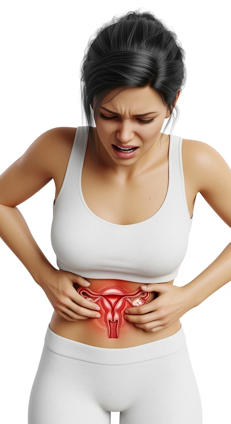 donna con utero umano realistico in evidenza dolorante, espressione di dolore in volto, sfondo bianco emoji