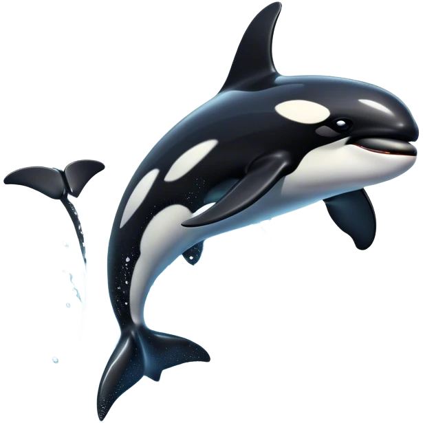 Meme-Worthy Breaching orca Portrait Emoji, Bursting powerfully out of the ocean with an impressive, high-energy leap, showcasing a sleek black-and-white body glistening with water droplets and dynamic, arched posture, Simplified yet exhilaratingly expressive features, highly detailed, glowing with a vibrant marine energy, high shine, bold and full of life, stylized with an air of untamed ocean spirit, soft glowing outline, capturing the essence of an orca mid-breach, radiating pure, unstoppable aquatic power! emoji