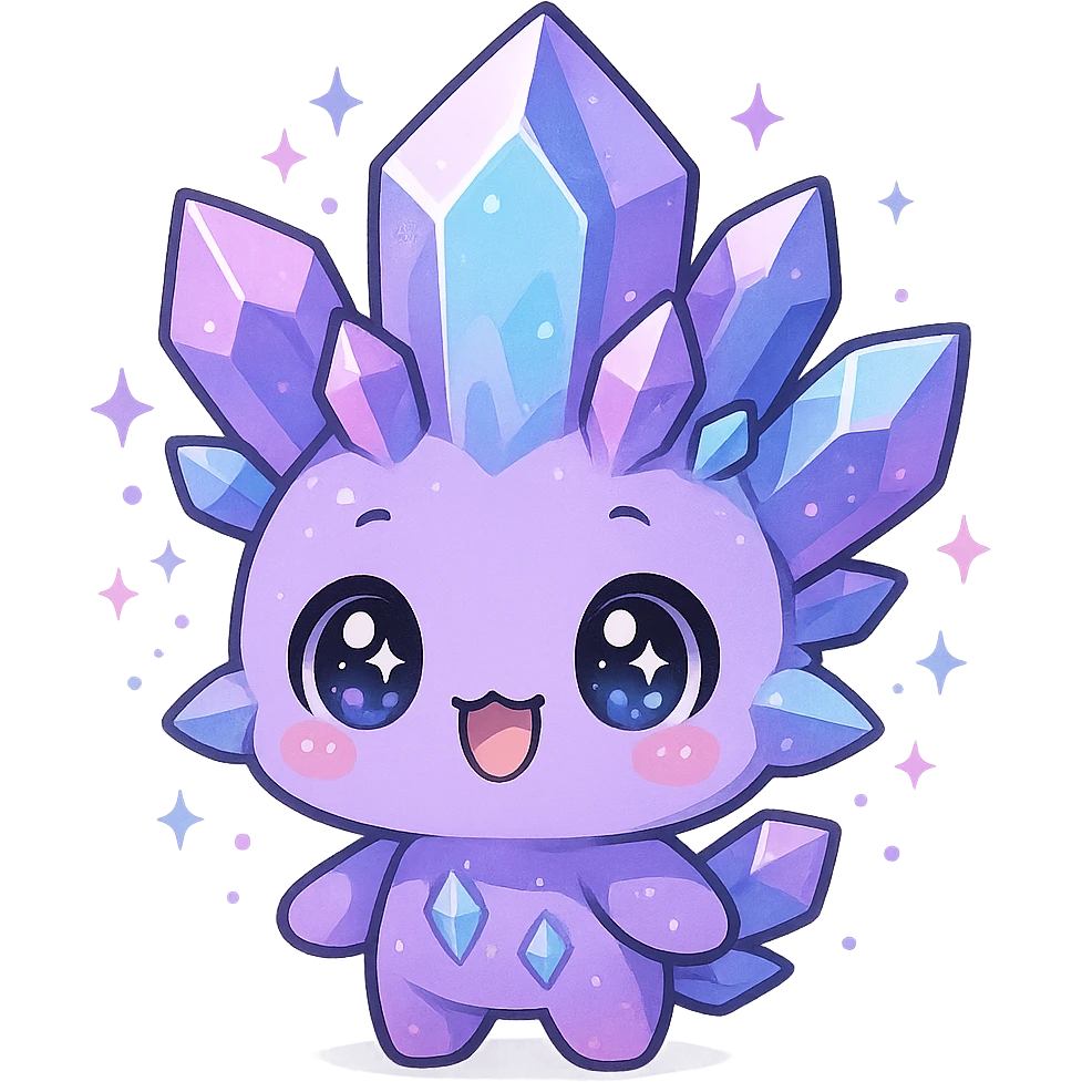 kawaii chibi style crystal sprite creature in purple, blue, and pink with a happy expression and sparkling eyes emoji