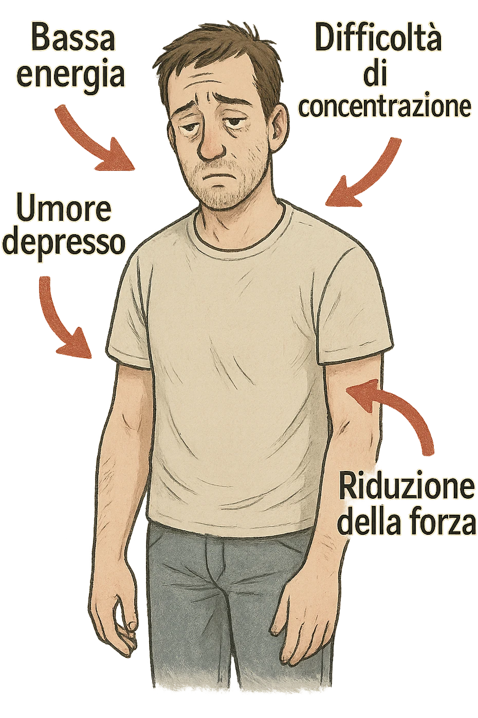  un uomo con espressione affaticata, circondato da frecce rosse che evidenziano sintomi di testosterone basso. Le frecce sono accompagnate da scritte in italiano come “Bassa energia”, “Difficoltà di concentrazione”, “Umore depresso”, “Riduzione della forza”. L’ambiente è semplice, con colori neutri e dettagli realistici. emoji