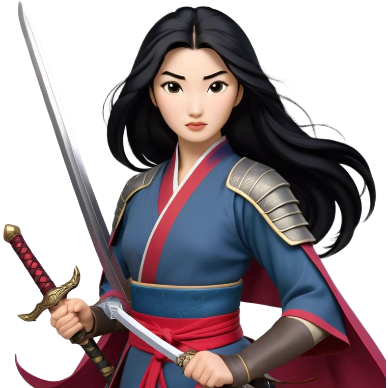 Cinematic Realistic Mulan Portrait, depicted with lifelike skin texture, soft natural lighting, and intricately detailed long black hair styled elegantly. Her deep, expressive eyes exude determination and grace, complemented by a serene yet confident expression. She stands with one hand resting on the hilt of her sword, the other by her side, exuding strength and poise. She is dressed in her classic attire, with rich fabric textures and delicate folds that catch the light beautifully. The portrait features a soft, enchanting glow with a natural, radiant finish, capturing the essence of timeless strength and beauty in a realistic and painterly style, evoking a sense of depth and authenticity. emoji