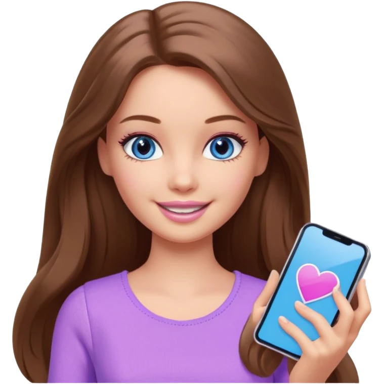 beautiful barbie girl with long brown hair, blue eyes and wearing light purple clothes playing games emoji