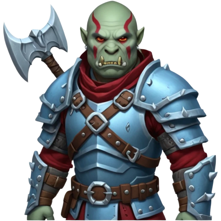 
Fantasy Christmas orc legion soldier icon, iron tundra army theme, heavy winter armor, disciplined brutal look, icy blue steel armor with deep crimson accents, frozen metal texture, cold winter atmosphere, male variant emoji