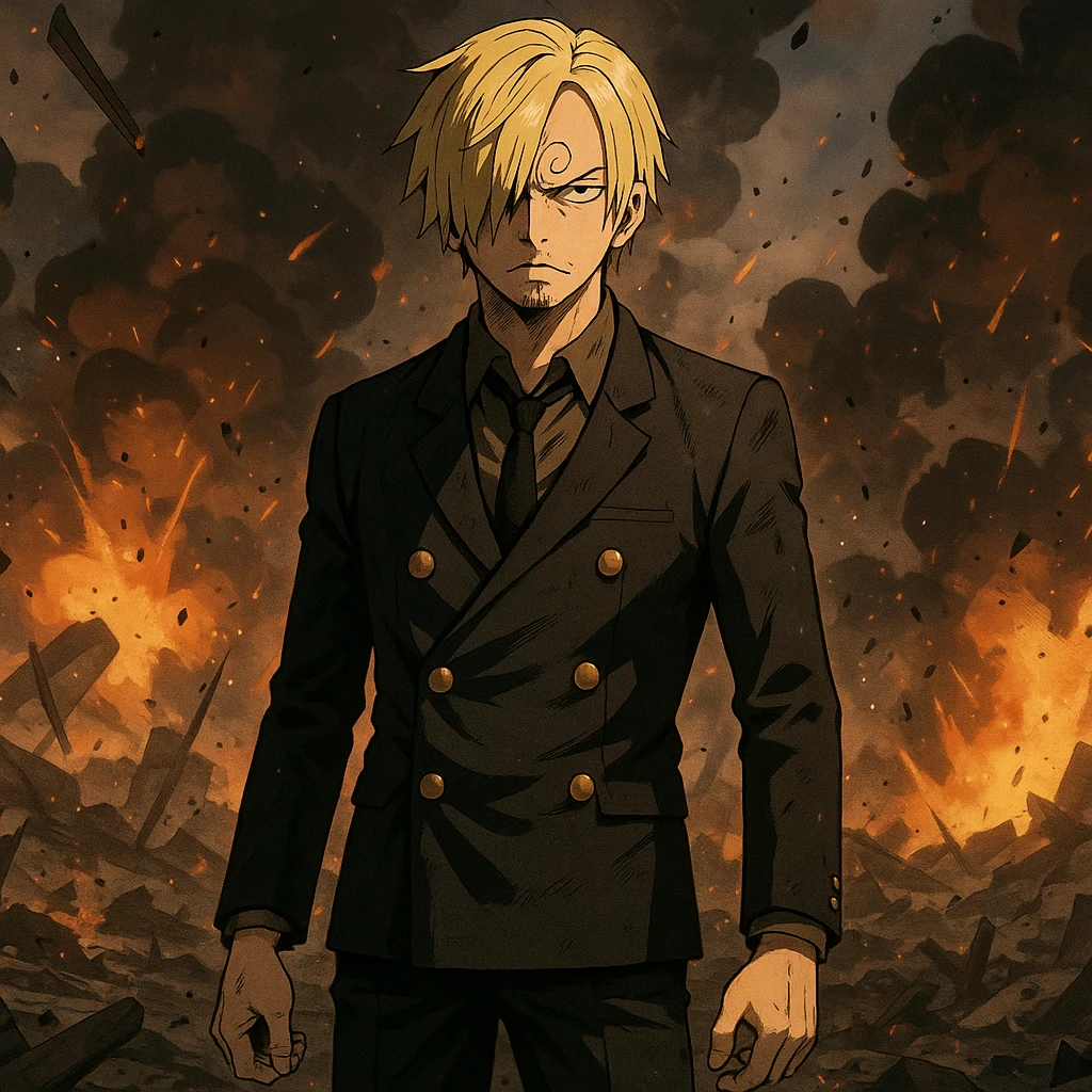 Sanji from One Piece, authentic manga/anime style of One Piece, standing alone in the middle of a chaotic war environment, dramatic lighting, debris and explosions in the background, cinematic scene, no other characters, 1920x1080 emoji