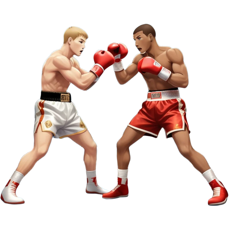 Two professional boxers in the ring fighting for the world championship title. One delivers a powerful straight punch to the head, while the other skillfully dodges. The background shows a brightly lit boxing arena with a roaring crowd. Transparent background emoji