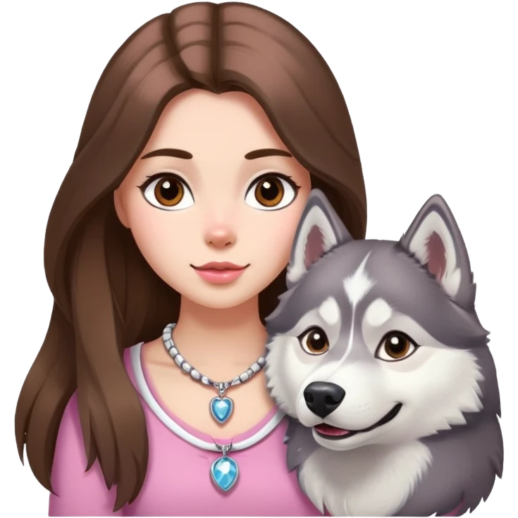 Girl with Brown long hair with husky white and grey and pink necklace for the husky  emoji